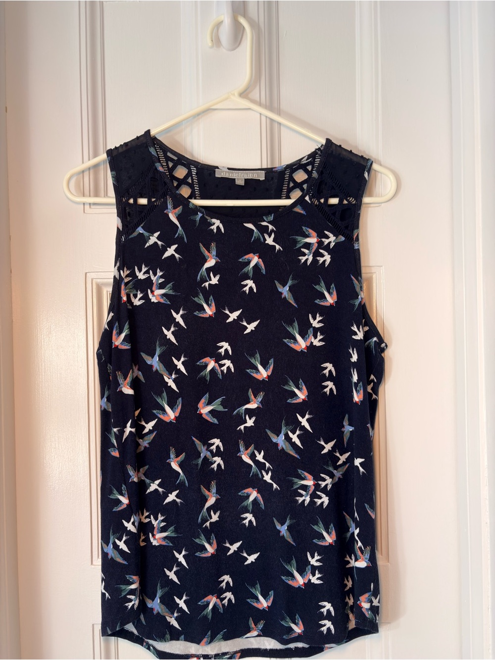 Daniel Rainn Navy Tank Top with Multicolor Bird Print and Lace Shoulders